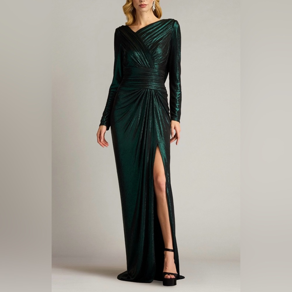 TADASHI SHOIJ ZINA METALLIC DRAPED COWL BACK GOWN BSJ25101L $478 NWT